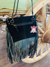 Suede Leather Boot Stitch Crossbody Bag W/ Fringe *Black - Deer Creek Mercantile