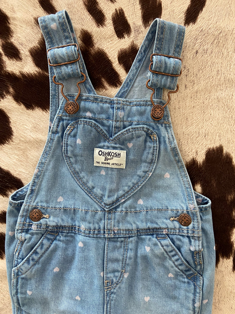 Pre-Loved Baby Girls OshKosh Pink Heart Denim Overalls (Size 12 Months) - Deer Creek Mercantile