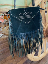 Suede Leather Boot Stitch Crossbody Bag W/ Fringe *Black - Deer Creek Mercantile