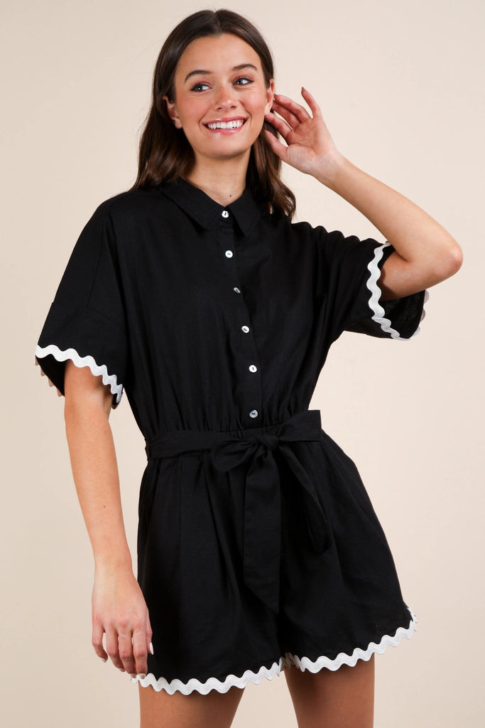 Wave On Wave Trim Detail Button Down Romper *Black - Deer Creek Mercantile