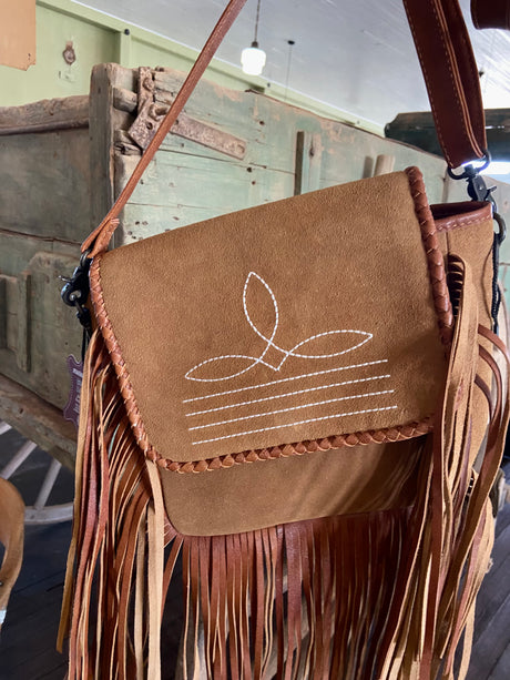 Suede Leather Boot Stitch Crossbody Bag W/ Fringe *Tan - Deer Creek Mercantile