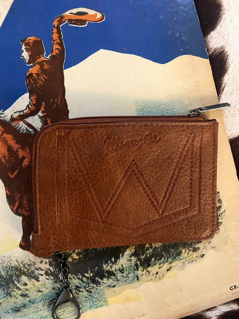 WG102-W005 Wrangler Wrangler Cow Print Mini Zip Card Case Brown - Deer Creek Mercantile