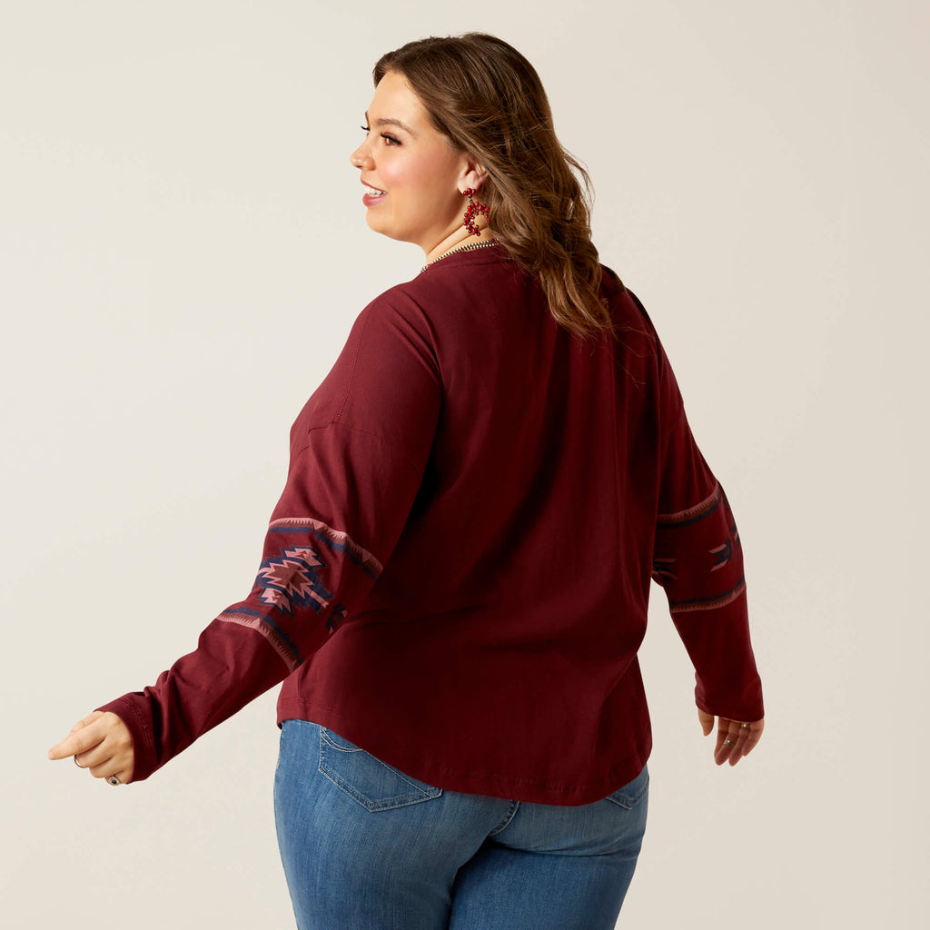 Ariat Women's Relaxed Henley Top - Burgundy Southwestern Print - Deer Creek Mercantile