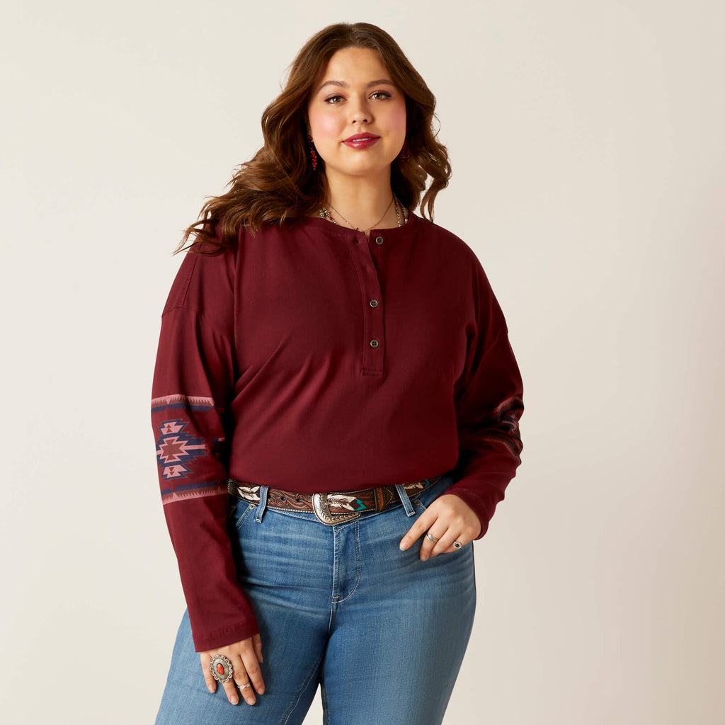 Ariat Women's Relaxed Henley Top - Burgundy Southwestern Print - Deer Creek Mercantile