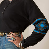 Ariat Women's Relaxed Henley Top - Blue/Black Southwestern Print - Deer Creek Mercantile