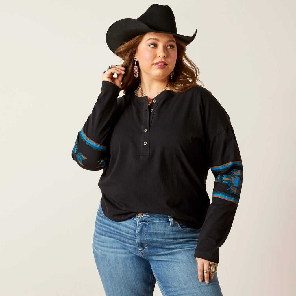Ariat Women's Relaxed Henley Top - Blue/Black Southwestern Print - Deer Creek Mercantile