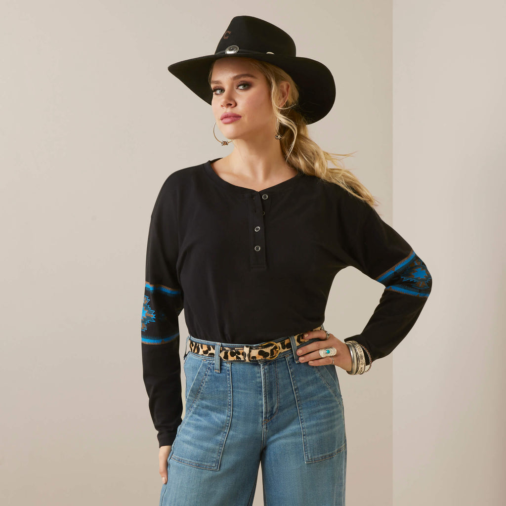 Ariat Women's Relaxed Henley Top - Blue/Black Southwestern Print - Deer Creek Mercantile
