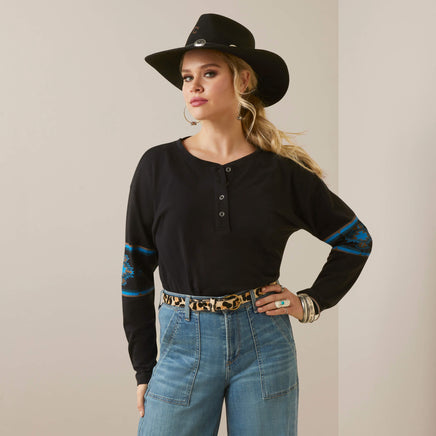 Ariat Women's Relaxed Henley Top - Blue/Black Southwestern Print - Deer Creek Mercantile