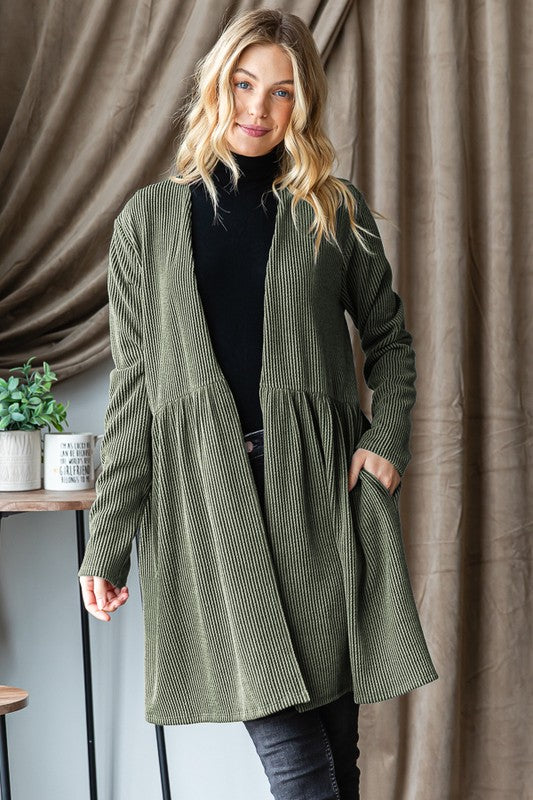 Rustic Ribbed Open Long Sleeve Cardigan *Olive - Deer Creek Mercantile