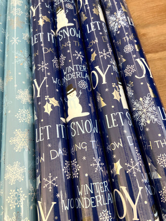 Navy Blue Snowman Christmas Wrapping Paper (With Writing) - Deer Creek Mercantile