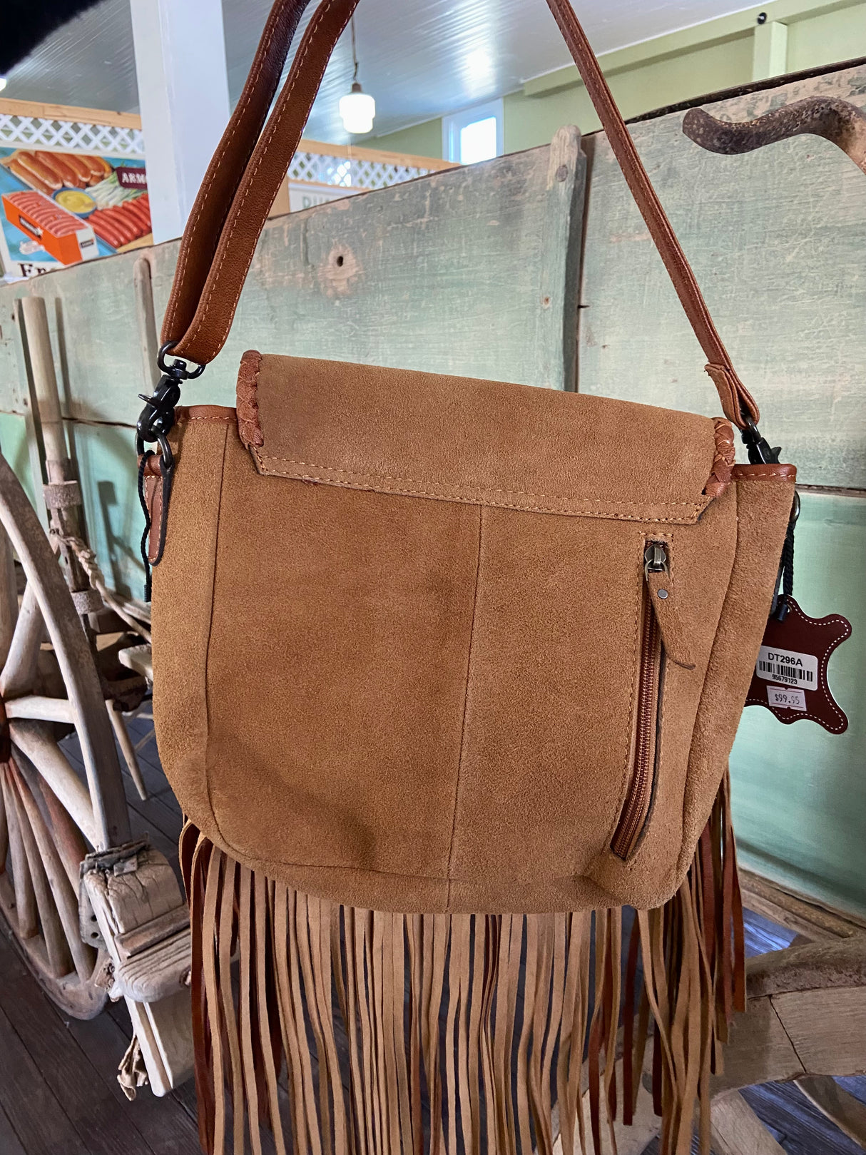 Suede Leather Boot Stitch Crossbody Bag W/ Fringe *Tan - Deer Creek Mercantile