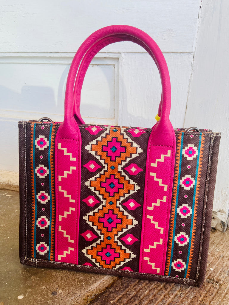 Wrangler Southwestern Print Small Canvas Tote/Crossbody - Hot Pink - Deer Creek Mercantile