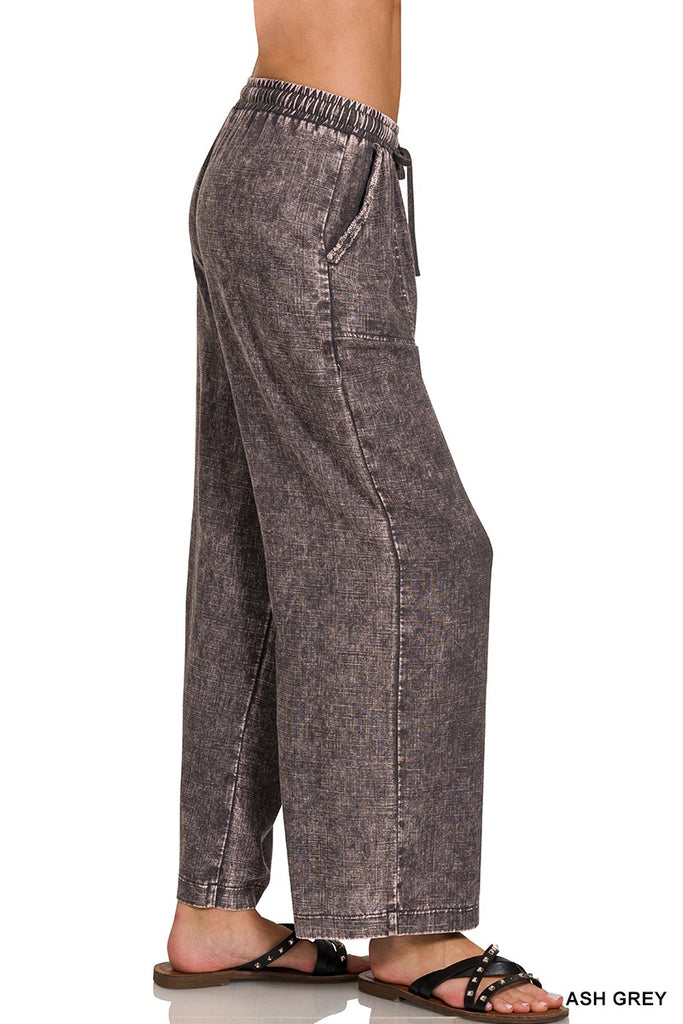 Acid Wash Linen Blend Elastic Waist Pants *Ash Gray - Deer Creek Mercantile