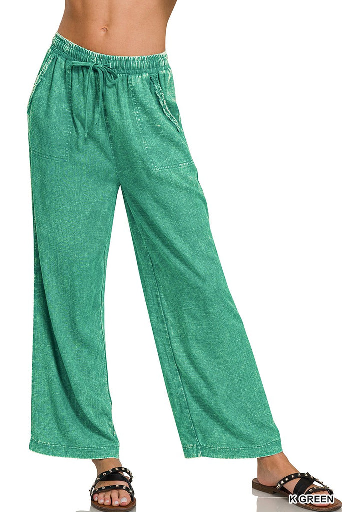 Acid Wash Linen Blend Elastic Waist Pants *Kelly Green - Deer Creek Mercantile