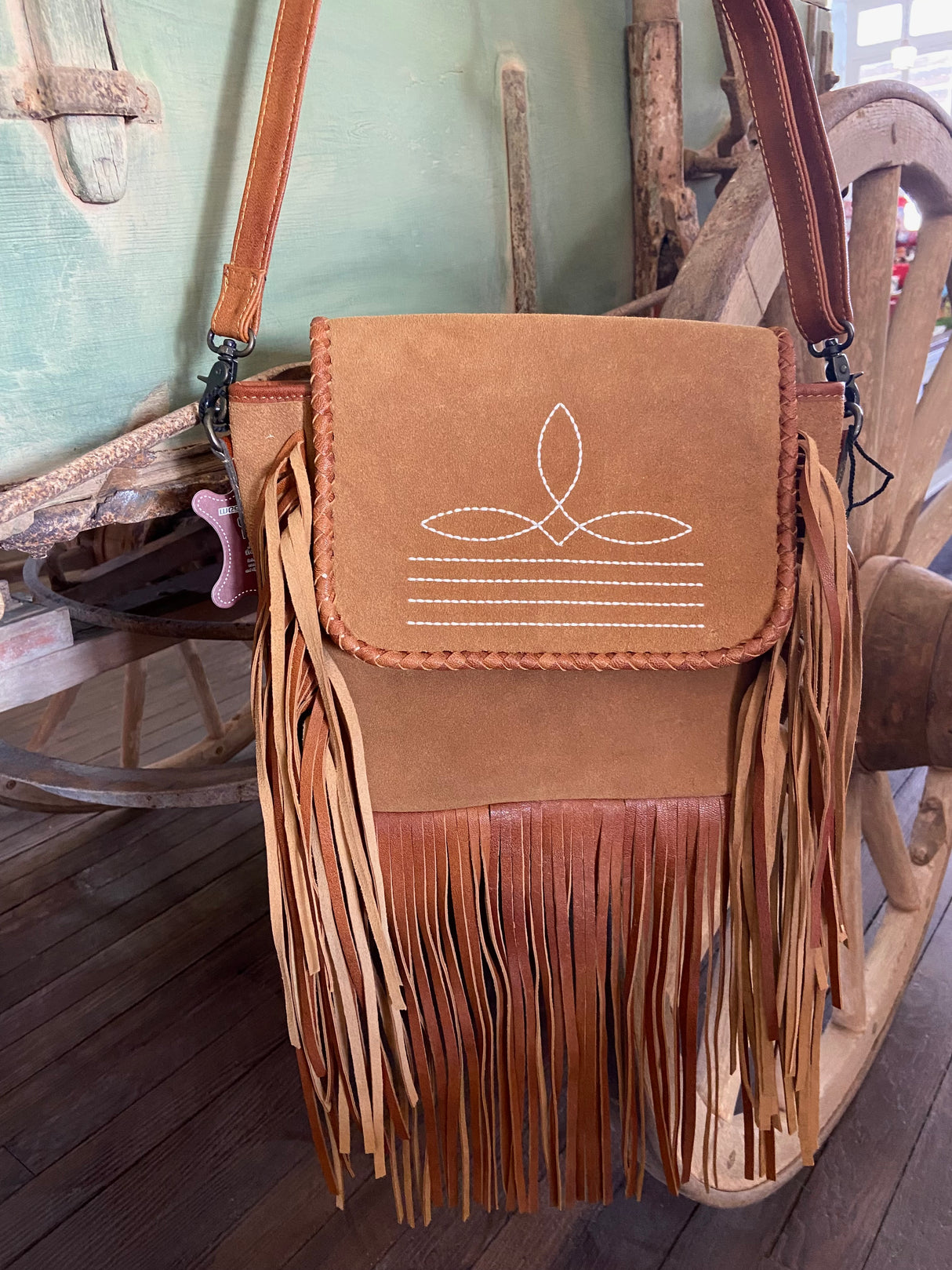 Suede Leather Boot Stitch Crossbody Bag W/ Fringe *Tan - Deer Creek Mercantile