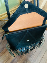 Suede Leather Boot Stitch Crossbody Bag W/ Fringe *Black - Deer Creek Mercantile