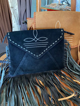 Suede Leather Boot Stitch Crossbody Bag W/ Fringe *Black - Deer Creek Mercantile