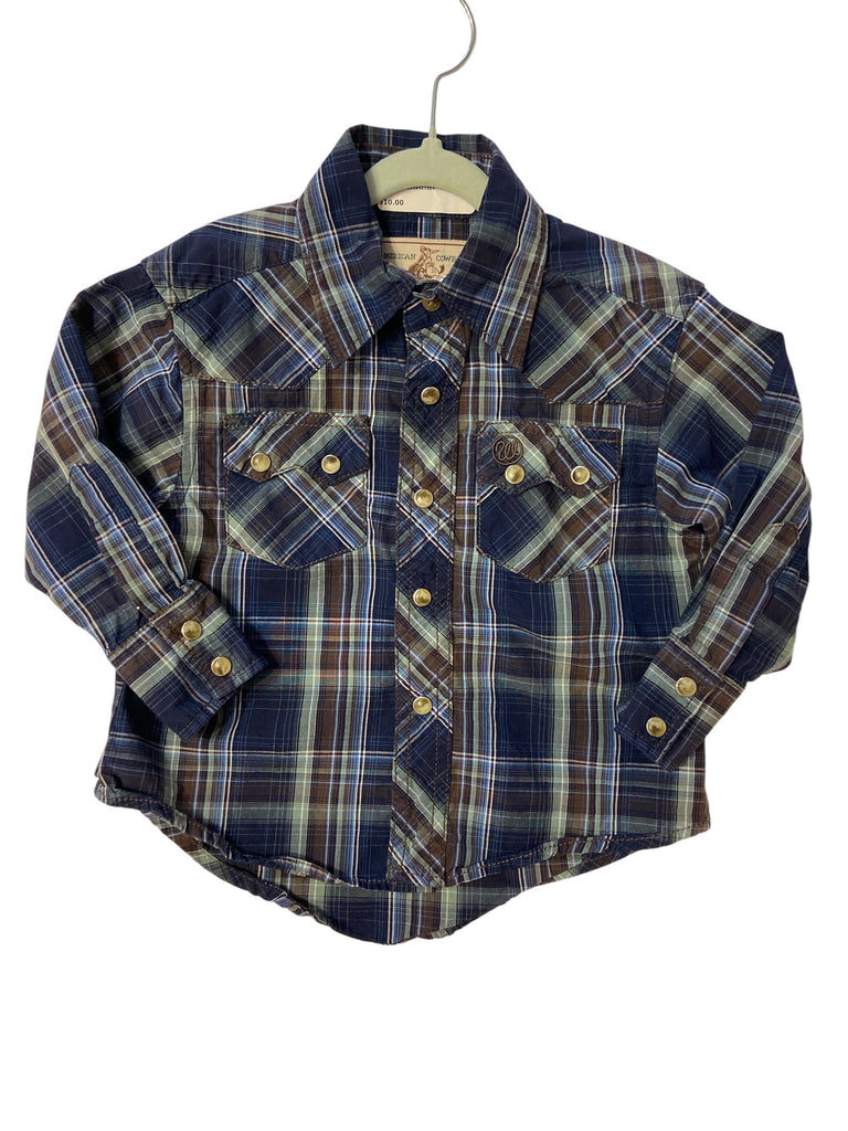 Pre-Loved Wrangler Baby Boys Blue/Green Plaid Pearl Snap Shirt *Size XXS - Deer Creek Mercantile