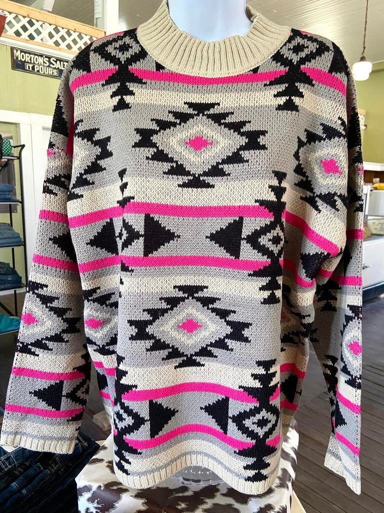 High Neckline Southwestern Sweater (Black/Pink) - Deer Creek Mercantile