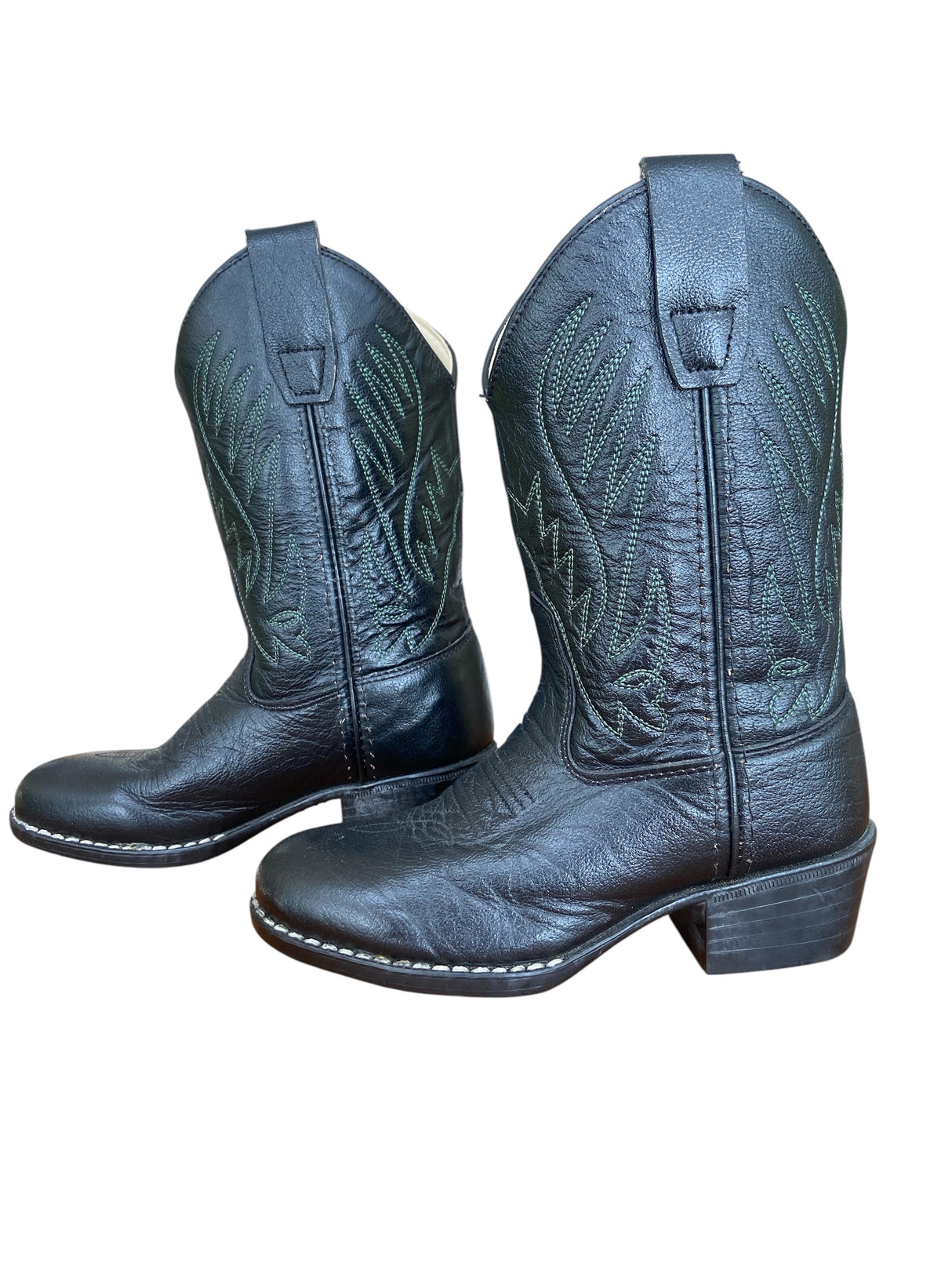 Pre-Loved Old West Black Boots With Green Stitching Youth *Size 11D - Deer Creek Mercantile