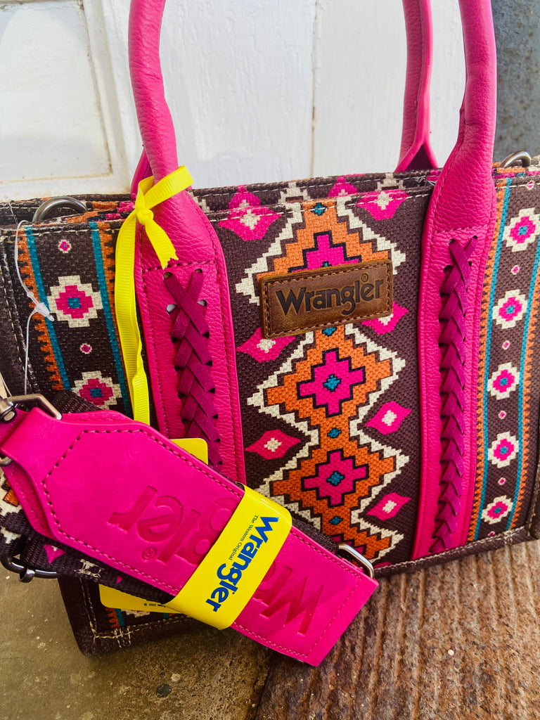 Wrangler Southwestern Print Small Canvas Tote/Crossbody - Hot Pink - Deer Creek Mercantile