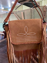 Suede Leather Boot Stitch Crossbody Bag W/ Fringe *Tan - Deer Creek Mercantile