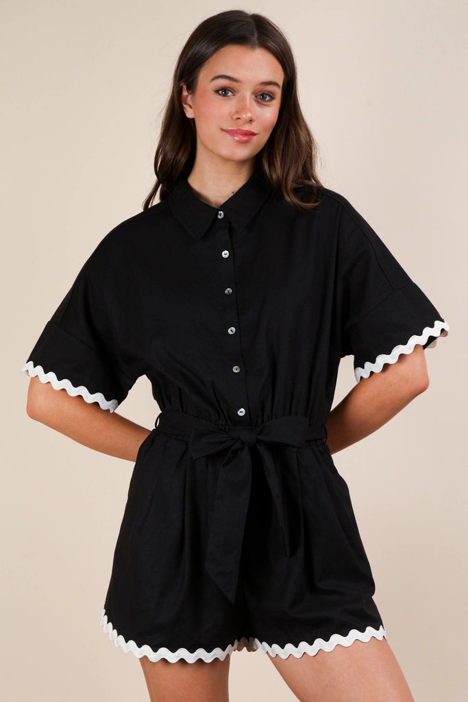 Wave On Wave Trim Detail Button Down Romper *Black - Deer Creek Mercantile