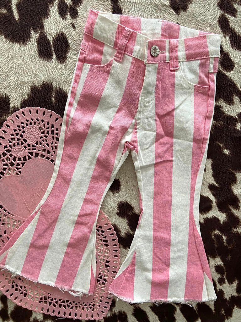 Bubblegum Cowgirl Girls Pink + White Striped Flare Denim Pants - Deer Creek Mercantile