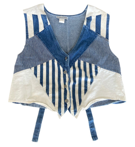 Vintage FASHION PASSPORT Blue/White Striped Denim Vest *Size Large - Deer Creek Mercantile