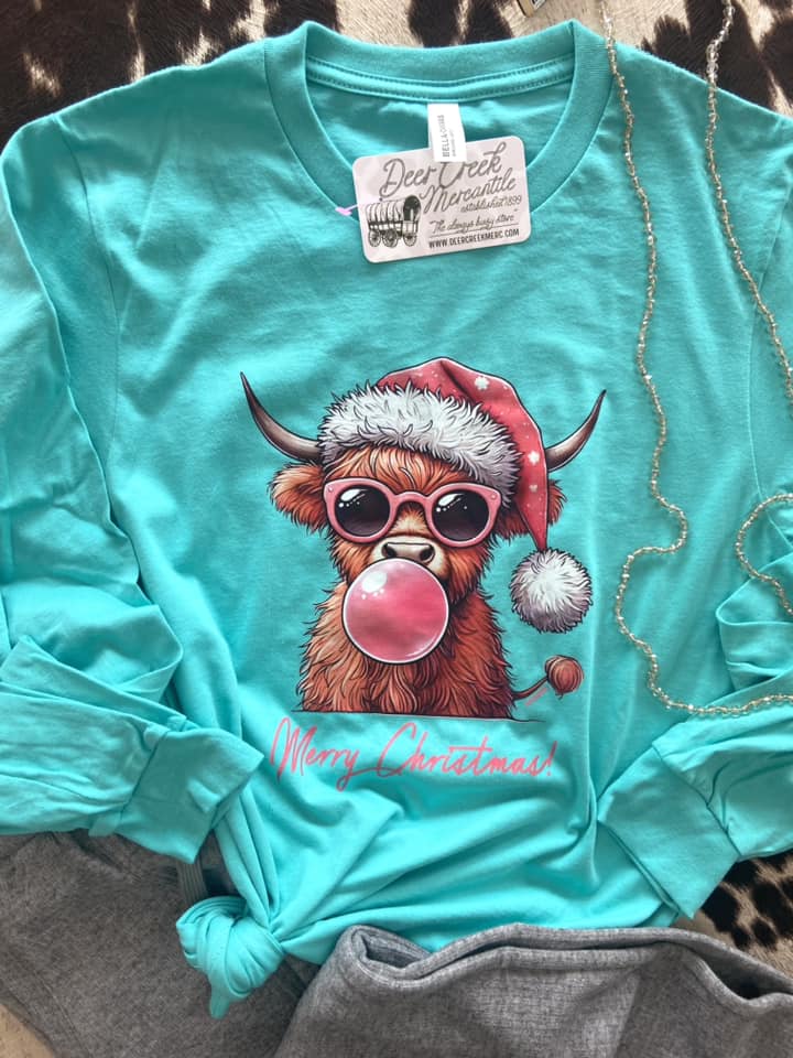 Bubblegum Cow Long Sleeve Top *Teal - Deer Creek Mercantile