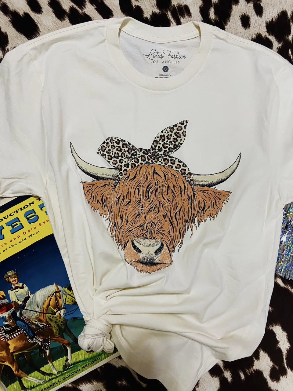 Shaggy Highland Cow Leopard Graphic Tee - Deer Creek Mercantile