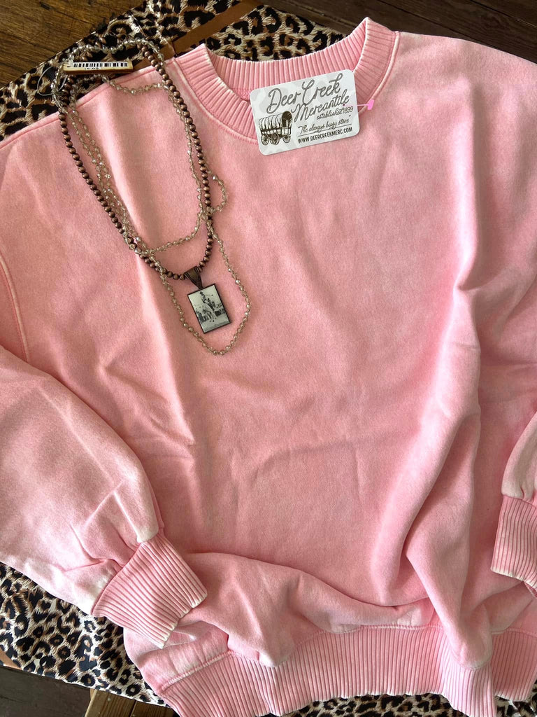 Pretty In Pink Acid Wash Pullover Sweatshirt - Deer Creek Mercantile