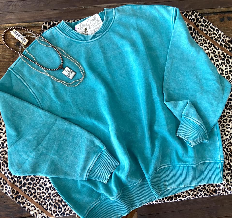 Turquoise Acid Wash Pullover Sweatshirt - Deer Creek Mercantile