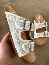 Tulsa Town Tooled Sandals (White/Gray) - Deer Creek Mercantile