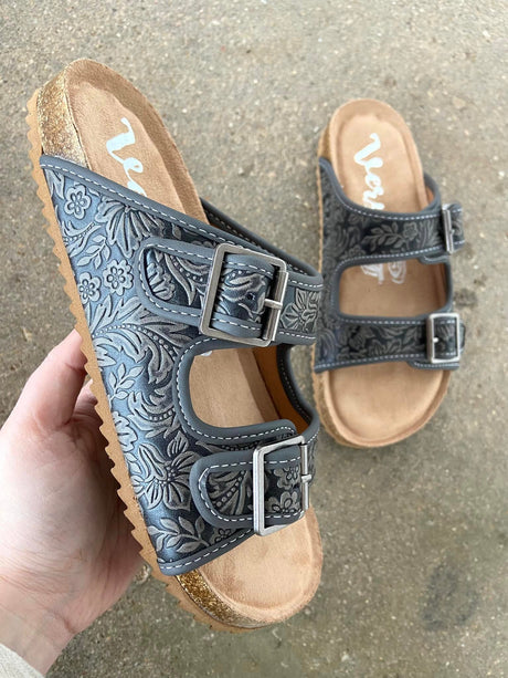 Lucy's Tooled Sandals (Gray) - Deer Creek Mercantile