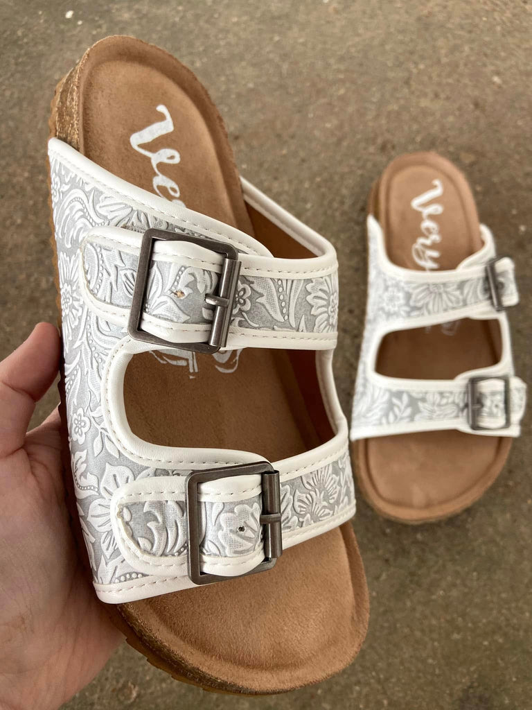 Tulsa Town Tooled Sandals (White/Gray) - Deer Creek Mercantile