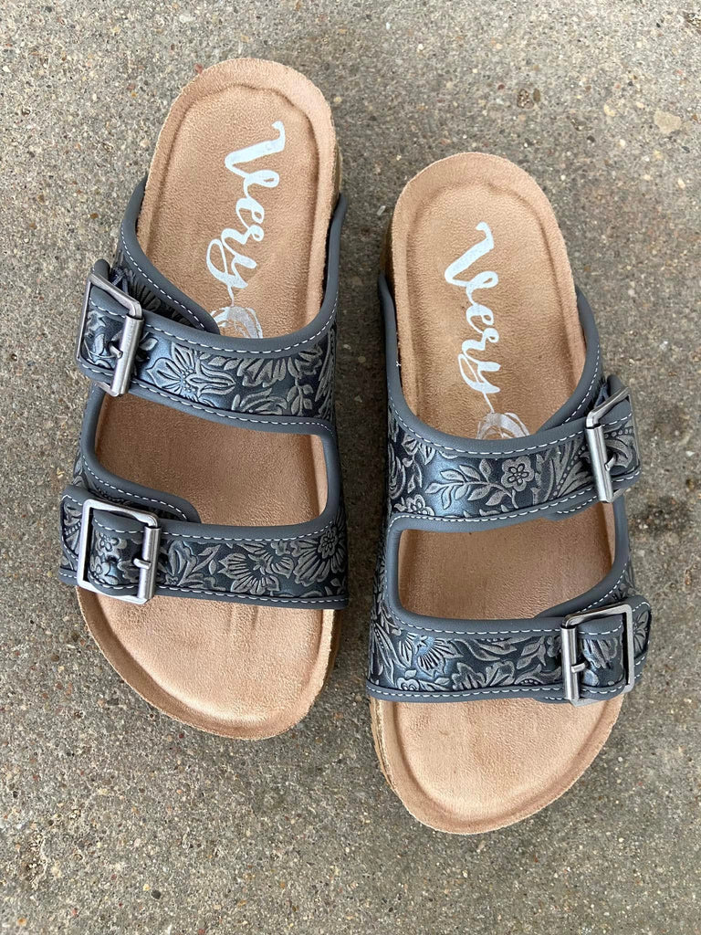 Lucy's Tooled Sandals (Gray) - Deer Creek Mercantile