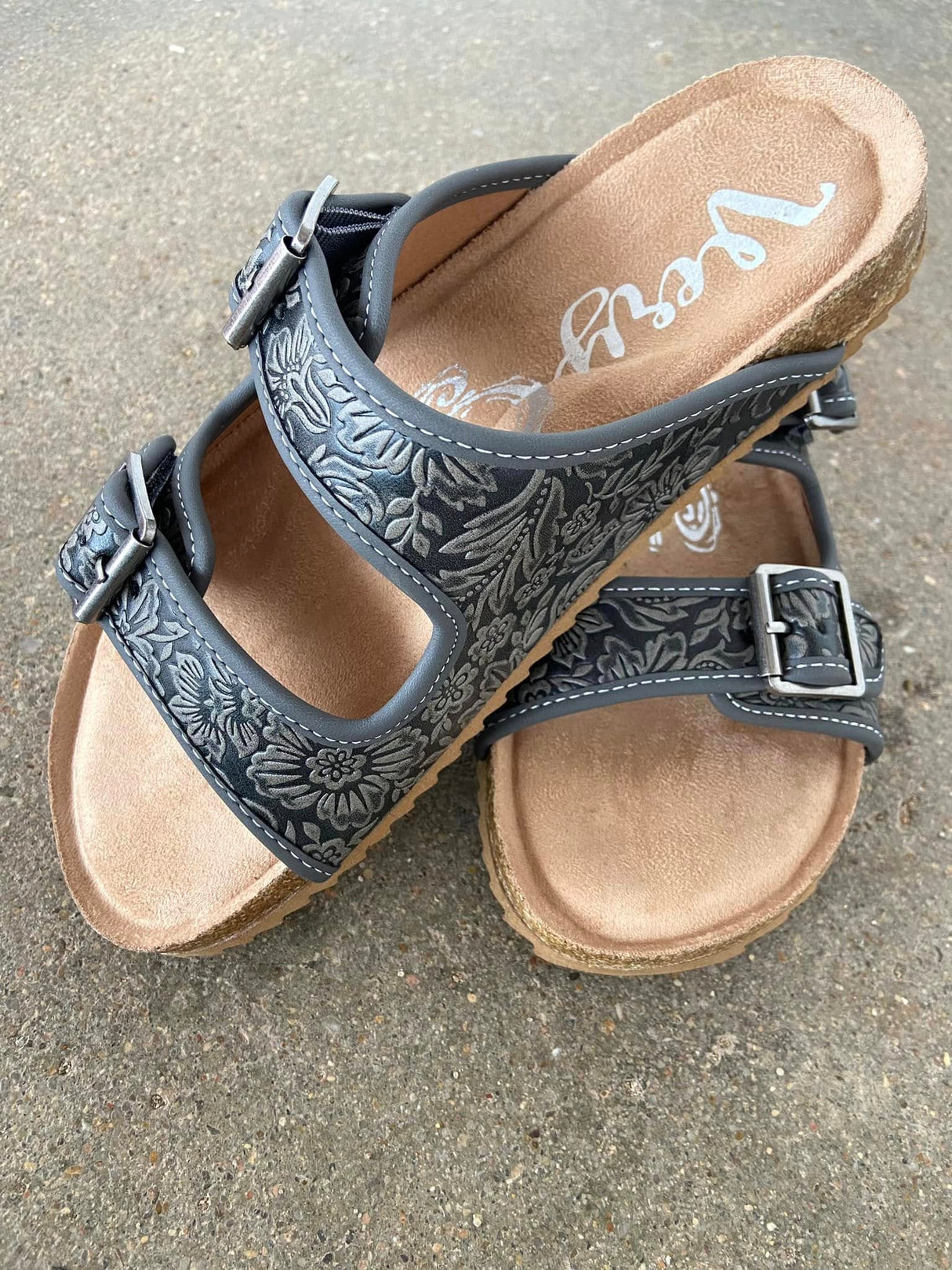 Lucy's Tooled Sandals (Gray) - Deer Creek Mercantile