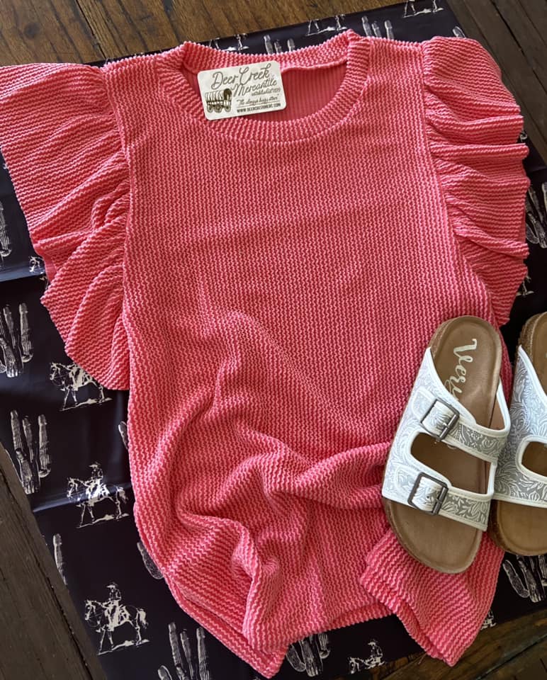 Connie's Coral Basic Ribbed + Ruffle Top - Deer Creek Mercantile