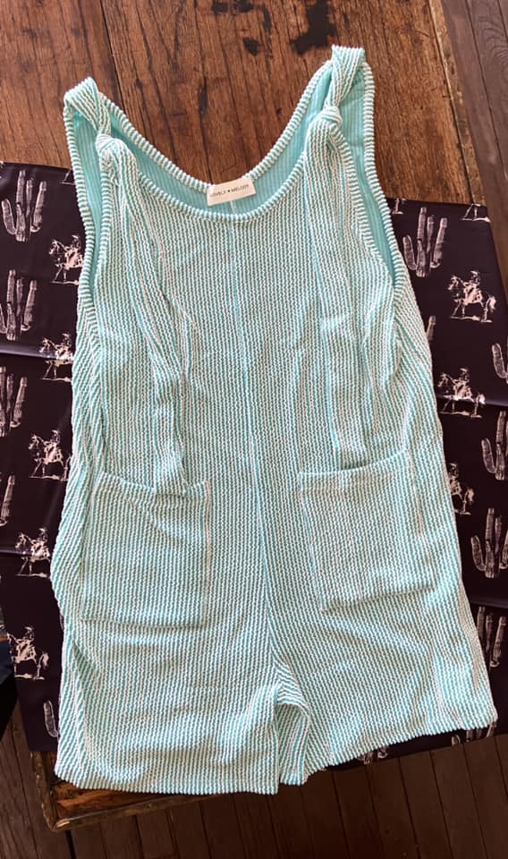 Alice's White/Aqua Ribbed Romper - Deer Creek Mercantile