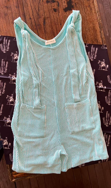 Alice's White/Aqua Ribbed Romper