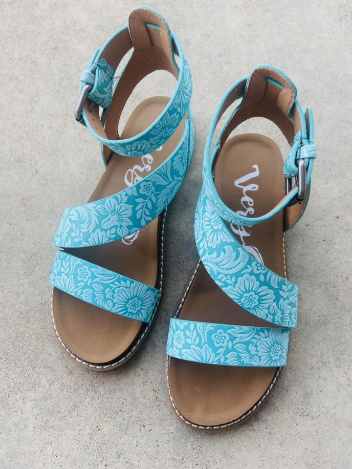 Afton's Turquoise Tooled Western Sandals - Deer Creek Mercantile