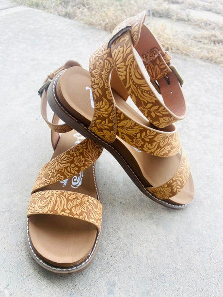 Vanna's Tan Tooled Western Sandals - Deer Creek Mercantile