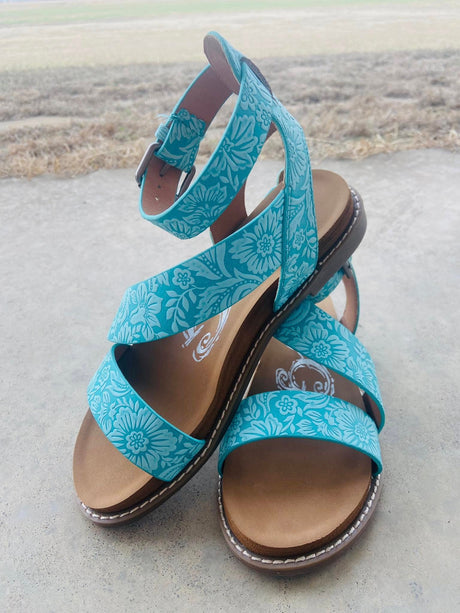 Afton's Turquoise Tooled Western Sandals - Deer Creek Mercantile