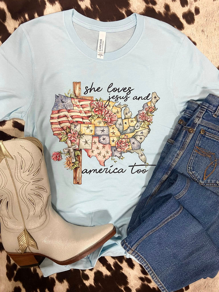 Jesus & America Graphic Tee *Ice Blue - Deer Creek Mercantile