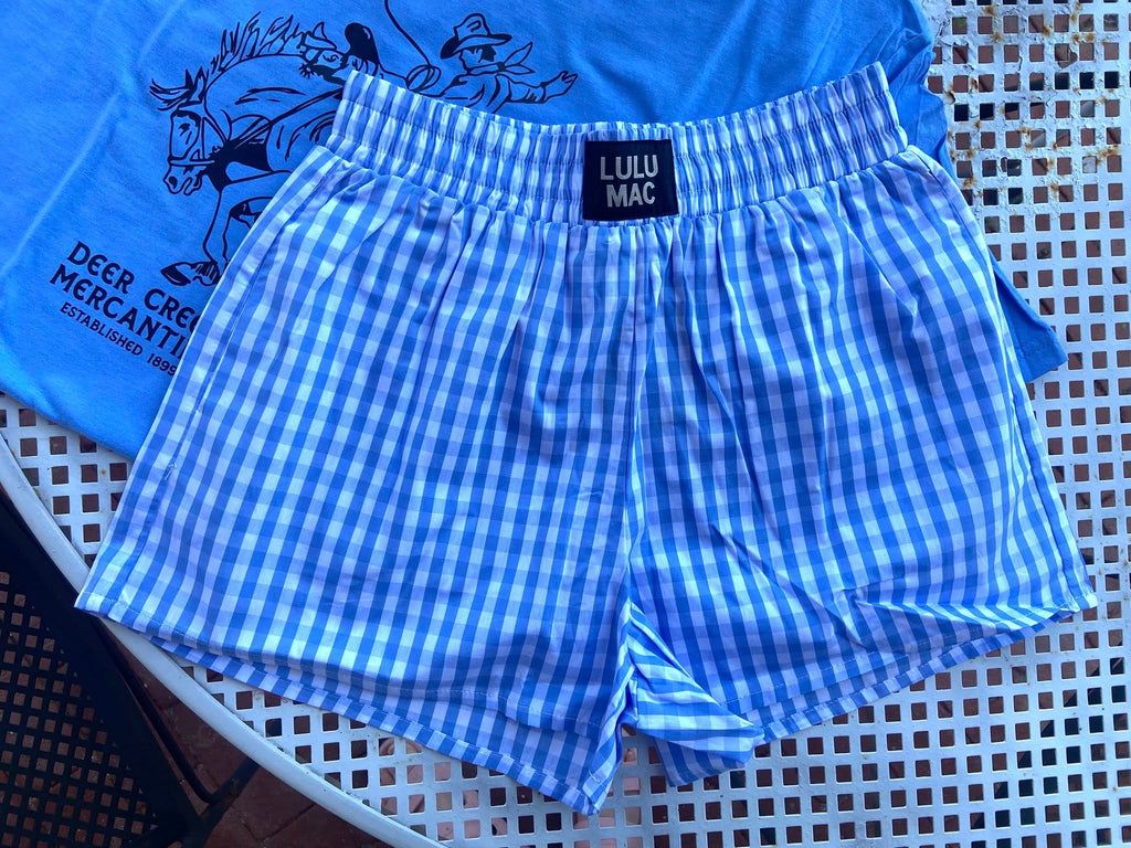 Gingham Pull On Boxer Shorts *Blue - Deer Creek Mercantile