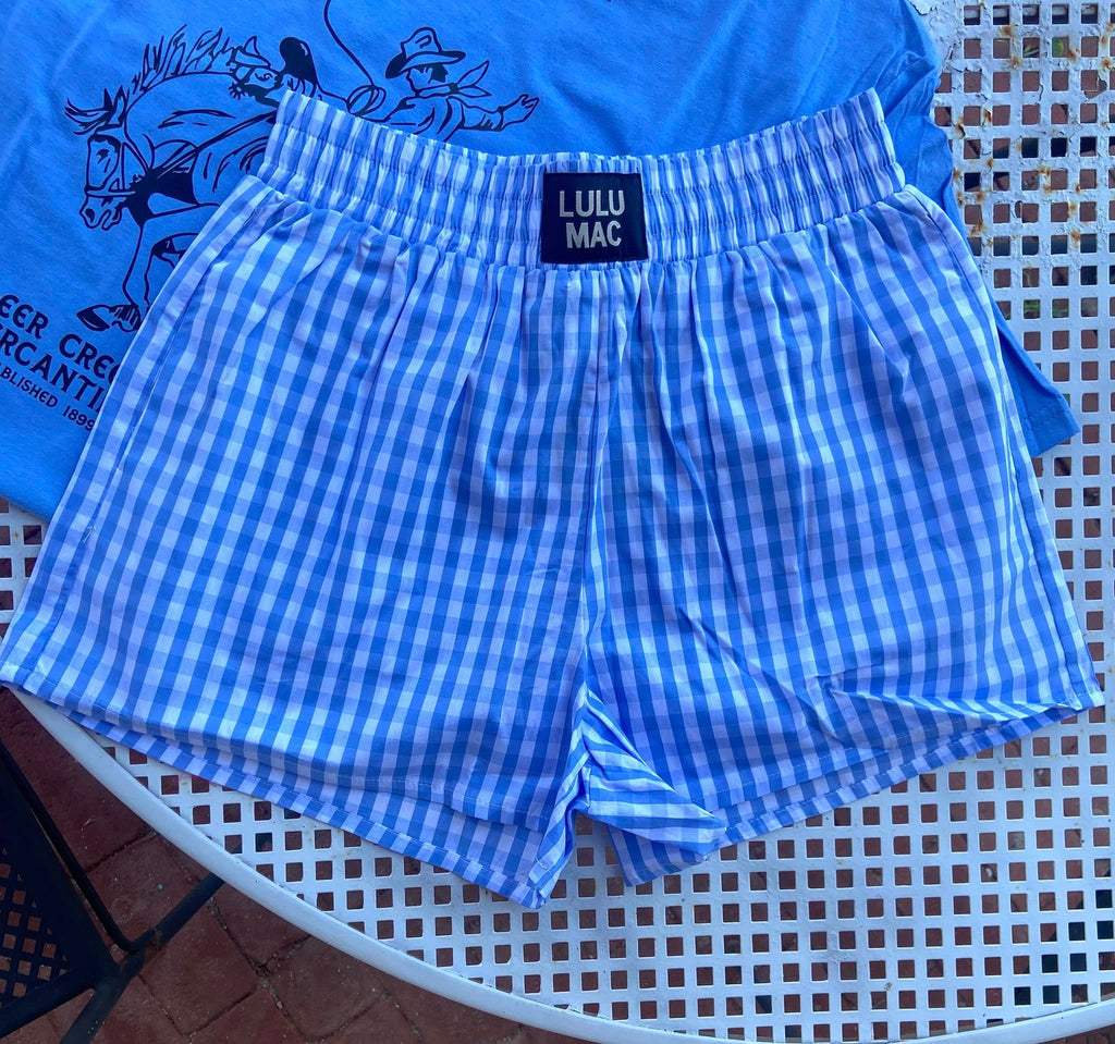 Gingham Pull On Boxer Shorts *Blue - Deer Creek Mercantile