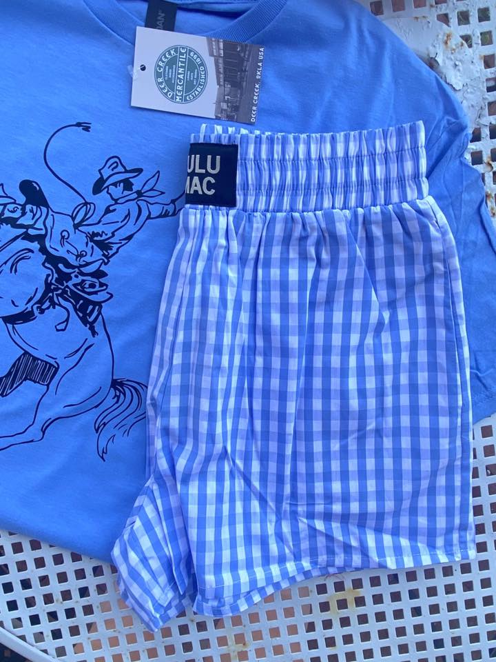 Gingham Pull On Boxer Shorts *Blue - Deer Creek Mercantile