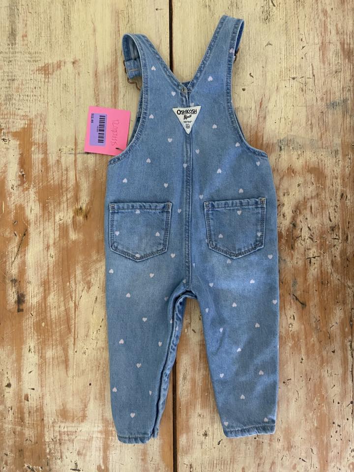 Pre-Loved OshKosh Pink Heart Denim Overalls (Size 12 Months) - Deer Creek Mercantile