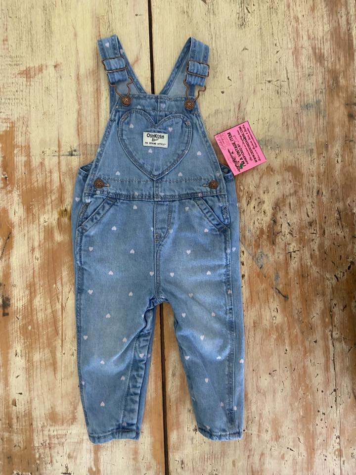 Pre-Loved OshKosh Pink Heart Denim Overalls (Size 12 Months) - Deer Creek Mercantile